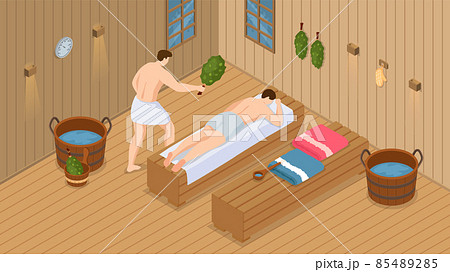 Sauna and steam room. Set of people in sauna. People relax and steam with birch brooms in banya 85489285