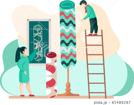 Men are working on design of new rug, choose size and pattern. Manufacture of carpets concept 85489287