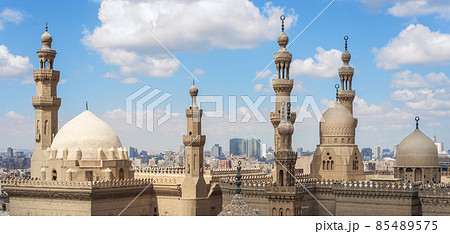Minarets and domes of Sultan Hasan mosque and Al Rifai Mosque, Old Cairo, Egypt 85489575