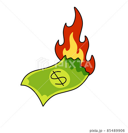 Burning dollar. Green money on fire. Failed business and economic crisis. Loss and inflation. Cartoon illustration 85489906