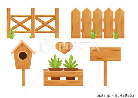 Set wooden fence, birdhouse, empty billboard, sign and wooden box with flowerpots isolated on white background. Textured, detailed objects, seasonal decoration, beige elegant color in cartoon style. Set wooden fence, birdhouse, empty billboard, sign and wooden box with flowerpots isolated on white background. Textured, detailed objects, seasonal decoration, beige elegant color in cartoon style. 85489952