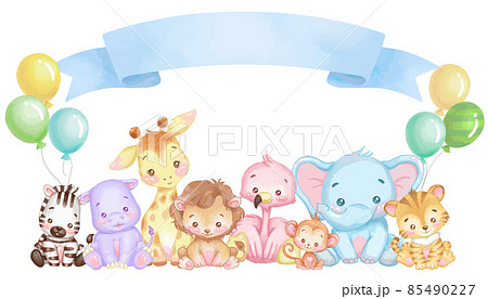 かわいい動物たちのカードデザイン リボンの文字入れ枠付きのイラスト素材