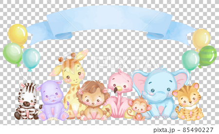 Card design of cute animals with ribbon character frame 85490227