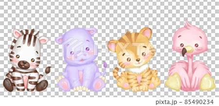 Cute animal baby set zebra, hippo, tiger, flamingo 85490234