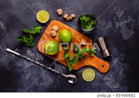 Fresh tasty ingrediens for delicious mojito cocktail 85490682