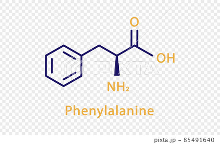 Phenylalanine chemical formula. Phenylalanine structural chemical formula isolated on transparent background. 85491640