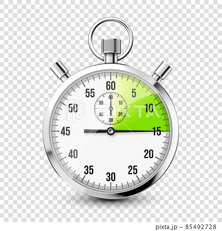 Realistic classic stopwatch icon. Shiny metal chronometer, time counter with dial. Green countdown 85492728