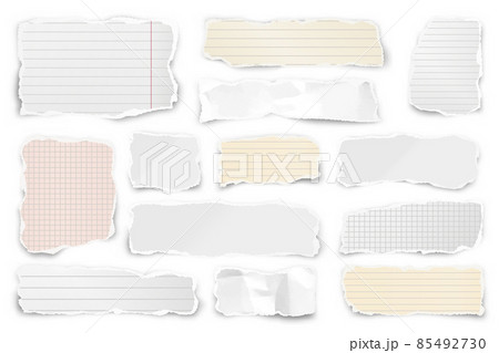 Ripped paper strips. Realistic crumpled paper scraps with torn edges. Shreds of notebook pages 85492730
