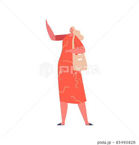 Happy Caucasian Female Character Waving Hand. Young Positive Woman Greeting Gesture, Cheerful Girl Excited Emotion 85493826