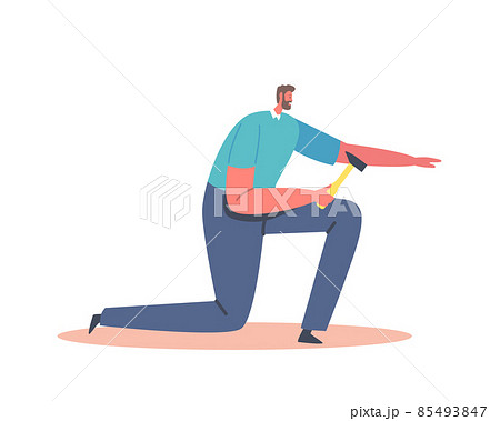 Male Character with Hammer in Hand. Man Holding Tool Fixing Broken Furniture, Building, Repair Home. Master Carpentry 85493847