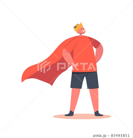 Kid Character Wearing Red Super Hero Cape and Crown Stand with Arms Akimbo. Superhero Child Playing, Kids Imagination 85493851
