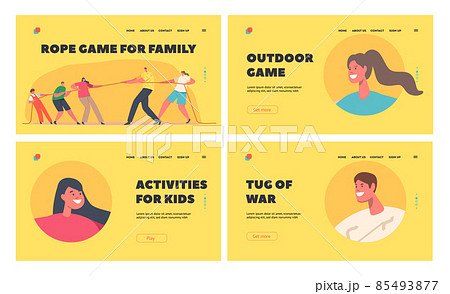 Rope Game for Family Landing Page Template Set. Mom, Dad and Children Characters Tear Rope, Tug of War Competition Rope Game for Family Landing Page Template Set. Mom, Dad and Children Characters Tear Rope, Tug of War Competition 85493877
