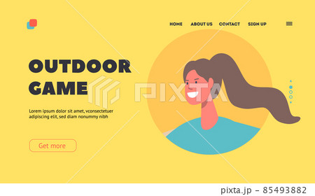 Outdoor Game Landing Page Template. Brown Haired Woman Smiling. Outdoors Activities, Leisure, Recreation, Healthy Life 85493882