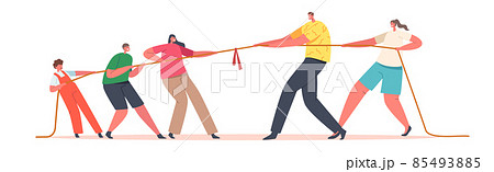 Mom, Dad and Children Characters Tear Rope, Tug of War Competition Between Parents and Kids. Concept of Family Activity 85493885
