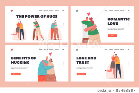 Loving People Hugs Landing Page Template Set. Loving Couples Romantic Relations. Happy Men and Women Embracing 85493887