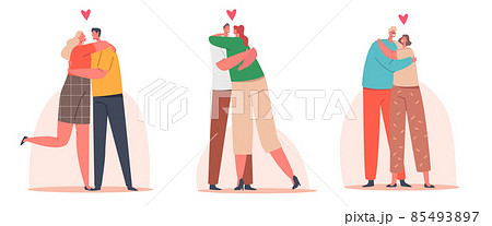 Loving Couples Hug, Romantic Relations Concept. Happy Men and Women Embracing and Hugging. Male Female Characters Love Loving Couples Hug, Romantic Relations Concept. Happy Men and Women Embracing and Hugging. Male Female Characters Love 85493897