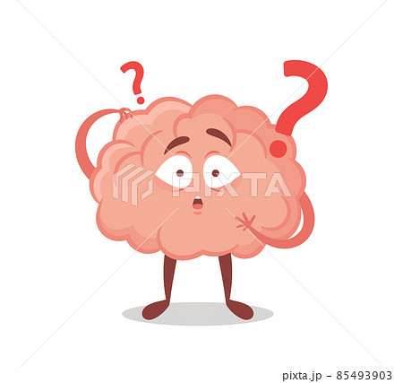 Cartoon Brain Character with Question Mark Isolated on White Background. Concept of Thinking Process, Asking, Faq, Quiz 85493903