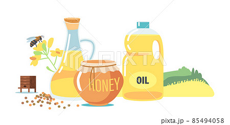 Rapeseed Canola Honey and Oil, Bee Flying over Flowers. Organic Natural Food in Glass Jar or Bottle. Bee Production Rapeseed Canola Honey and Oil, Bee Flying over Flowers. Organic Natural Food in Glass Jar or Bottle. Bee Production 85494058