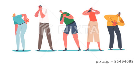 Set People Suffer of Ache in Different Body Parts Stomach, Back, Head and Heart. Characters Feel Strong Pain, Problem 85494098