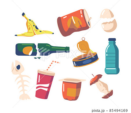 Set Different Garbage and Old Things Plastic Cup, Tin Can, Banana Peel, Apple Stub. Fish Bone, Yoghurt Pack, Bottle Set Different Garbage and Old Things Plastic Cup, Tin Can, Banana Peel, Apple Stub. Fish Bone, Yoghurt Pack, Bottle 85494169
