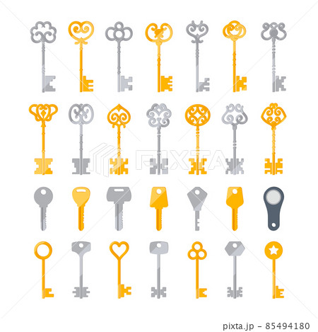 Set of Door Keys Isolated on White Background, Silver, Golden, Magnetic, Modern and Classic Retro Keys. Magic Fairy Tale Set of Door Keys Isolated on White Background, Silver, Golden, Magnetic, Modern and Classic Retro Keys. Magic Fairy Tale 85494180