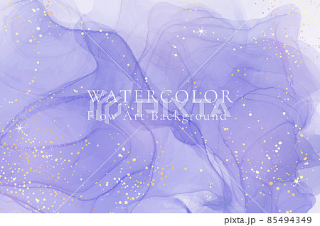 Violet lavender liquid watercolor marble background with golden lines. Pastel purple periwinkle alcohol ink drawing effect. Vector illustration design template for wedding invitation, menu, rsvp 85494349