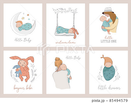 Trendy baby and children cards, baby shower invites, birth announcement. Vintage style. Vector 85494579