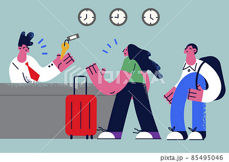 Smiling receptionist meet tourists give keys  85495046