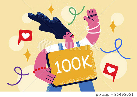 Happy influencer celebrate followers growth on social media Happy influencer celebrate followers growth on social media 85495051