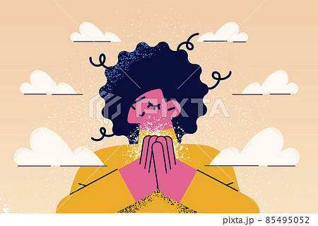 Calm woman with hands in prayer show gratitude Calm woman with hands in prayer show gratitude 85495052