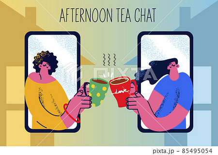 Happy women drink tea on online meeting on cell 85495054
