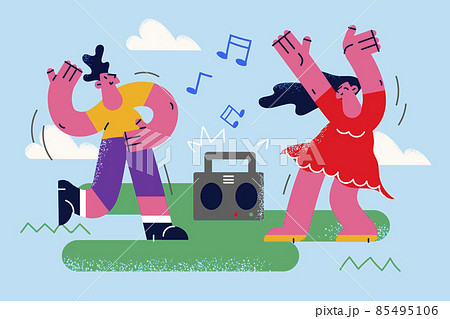 Happy friends dance listen to music on stereo 85495106