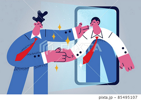 Businessmen handshake though cellphone on online negotiations  85495107