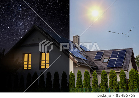 Solar panel day and night. The idea of ecology - solar energy at home. An example of the use of photovoltaics. 85495758