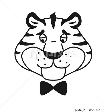 Black and white outline upset striped tiger head isolated on white background. Cute unhappy wild cat line coloring page. Sad animal sketch vector illustration. Black and white outline upset striped tiger head isolated on white background. Cute unhappy wild cat line coloring page. Sad animal sketch vector illustration. 85496496
