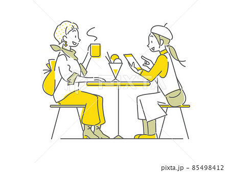 旅行を楽しむふたりの女性　カフェで休憩　シンプルでお洒落な線画イラスト 85498412