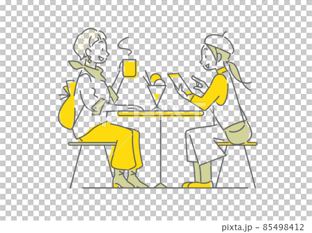 旅行を楽しむふたりの女性　カフェで休憩　シンプルでお洒落な線画イラスト 85498412