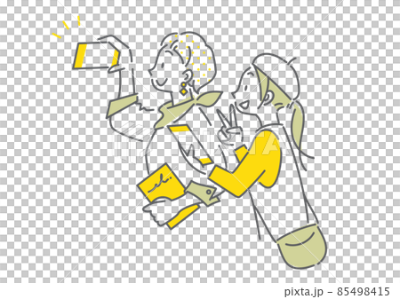 旅行を楽しむふたりの女性　自撮り　シンプルでお洒落な線画イラスト 85498415