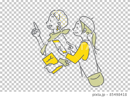 兩個女人享受旅行智能手機簡單而時尚的線條畫插圖 85498418