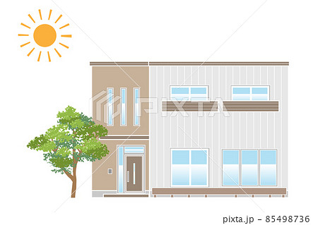 架空の戸建住宅 シンプルな一軒家のイラスト 陸屋根 線色白のイラスト素材