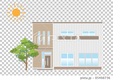 架空の戸建住宅 シンプルな一軒家のイラスト 陸屋根 線色白 85498736