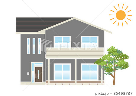 架空の戸建住宅 シンプルな一軒家のイラスト 切妻屋根 線色白のイラスト素材