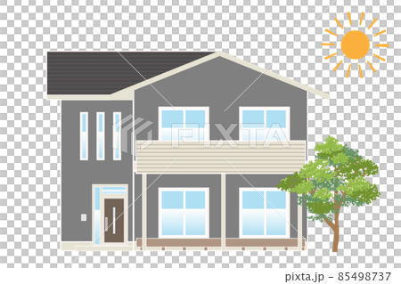 架空の戸建住宅 シンプルな一軒家のイラスト 切妻屋根 線色白のイラスト素材