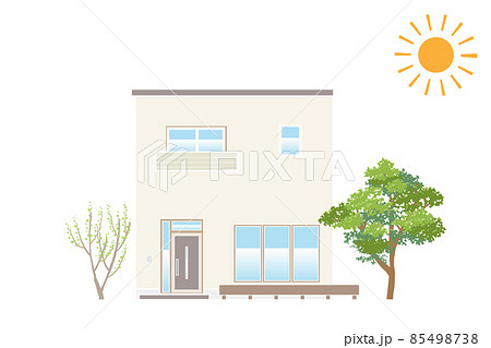 架空の戸建住宅 シンプルな一軒家のイラスト 陸屋根 線色白 85498738