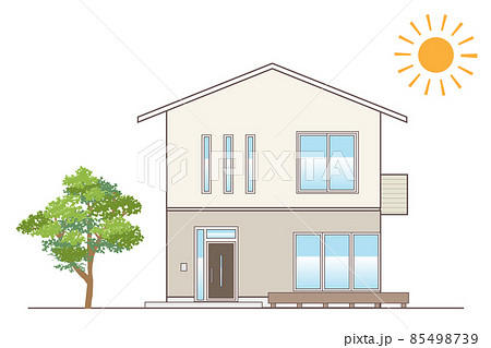 架空の戸建住宅 シンプルな一軒家のイラスト 切妻屋根のイラスト素材