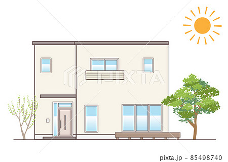 架空の戸建住宅 シンプルな一軒家のイラスト 陸屋根のイラスト素材