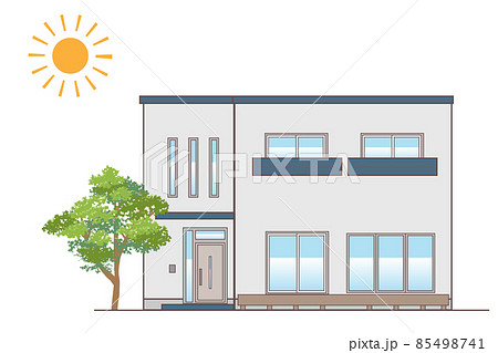 架空の戸建住宅 シンプルな一軒家のイラスト 陸屋根のイラスト素材
