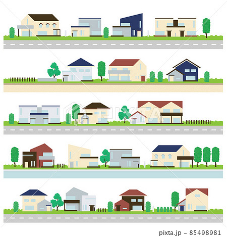 シンプルなタッチの 様々な戸建住宅が並ぶ住宅街のベクターイラスト セットのイラスト素材