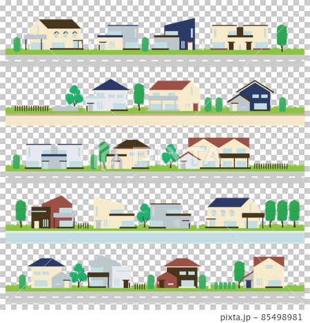 シンプルなタッチの 様々な戸建住宅が並ぶ住宅街のベクターイラスト セット 85498981