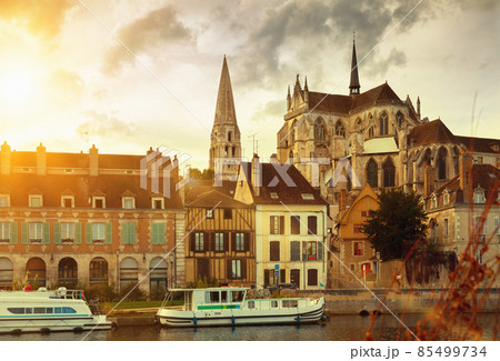 View of Auxerre with Abbey on river Yonne, France 85499734